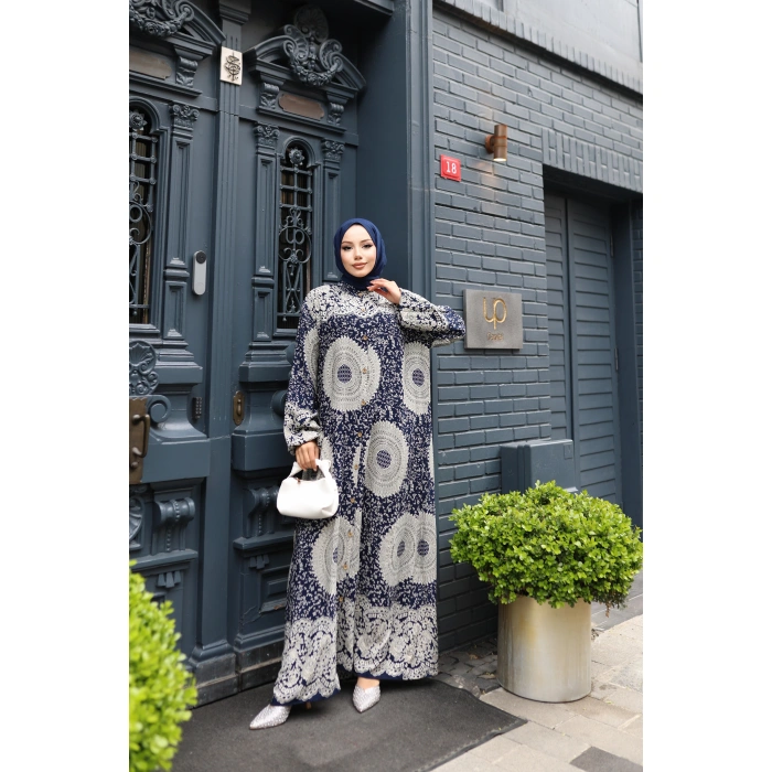 KADIN Lacivert %100 Viskon Pamuklu Boydan Düğmeli Etnik Desen Bol Kesim Tesettür Elbise E741