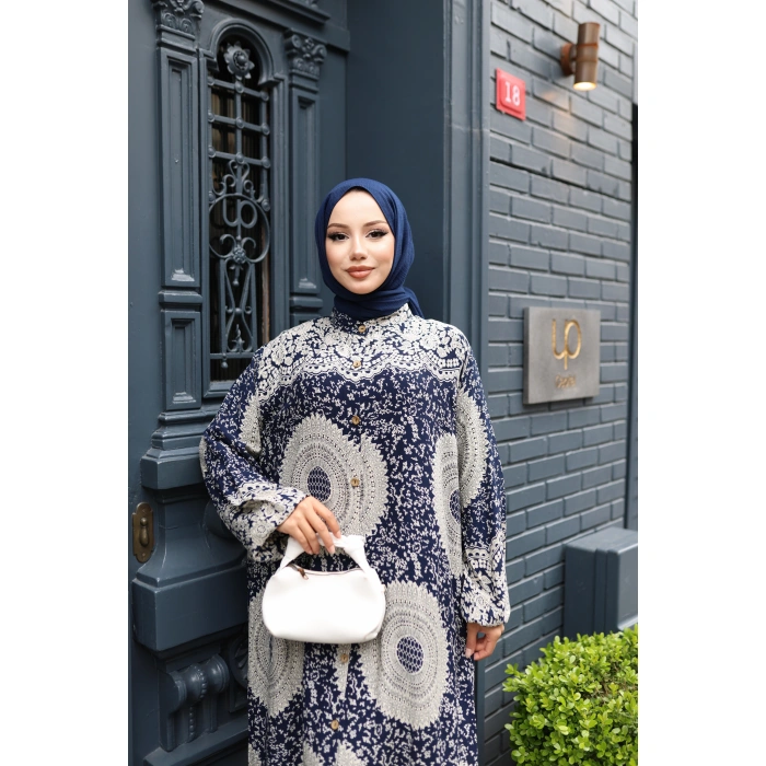 KADIN Lacivert %100 Viskon Pamuklu Boydan Düğmeli Etnik Desen Bol Kesim Tesettür Elbise E741