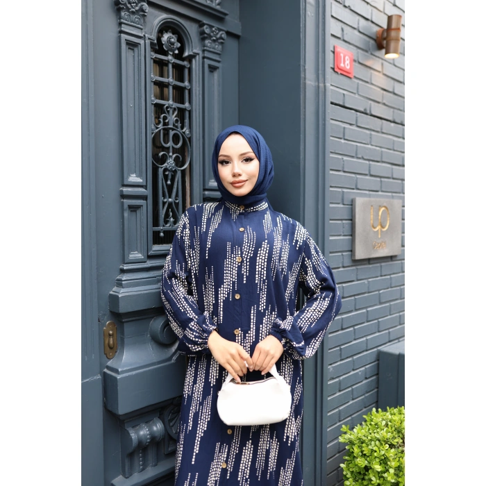 KADIN Lacivert %100 Viskon Pamuklu Küçük Kare Desen Bol Kesim Tesettür Elbise Dv784