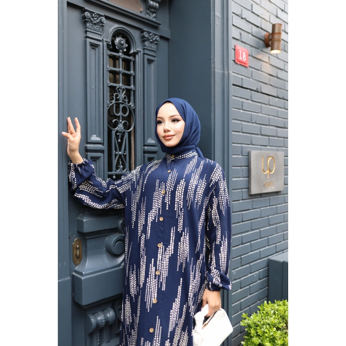 KADIN Lacivert %100 Viskon Pamuklu Küçük Kare Desen Bol Kesim Tesettür Elbise Dv784