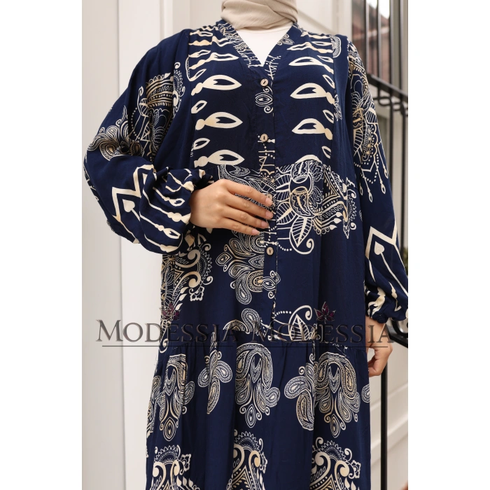 KADIN Lacivert %100 Viskon Pamuklu V Yaka Alaçatı Model Kat Kat Elbise V6531