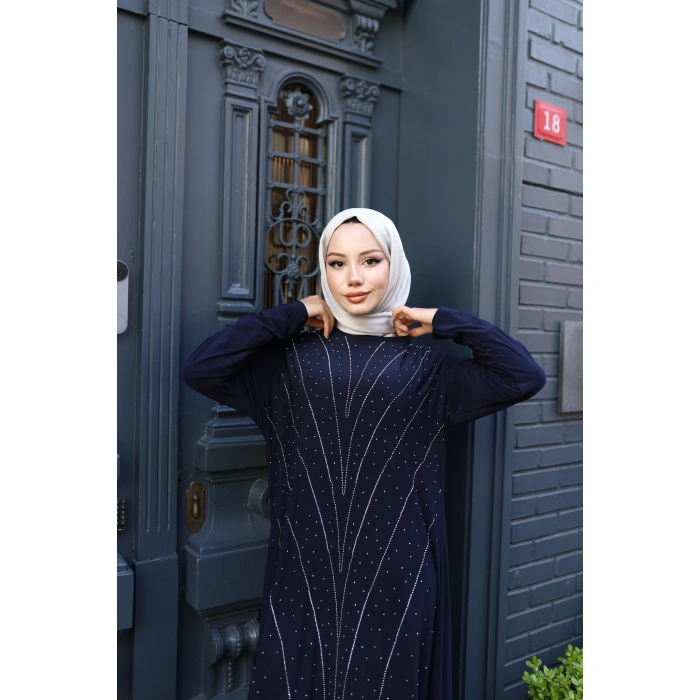 KADIN Lacivert Taş Baskı Desen Sandy Kumaş Şık Tesettür Elbise T815