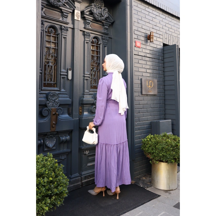 KADIN Lila Boydan Düğmeli Eteği Piliseli Kuşaklı Lara Keten Uzun Tesettür Elbise