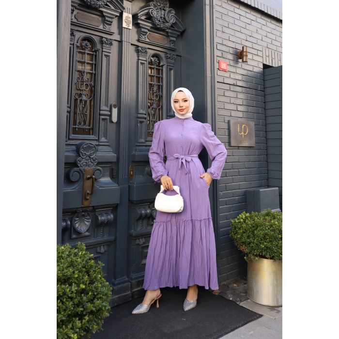 KADIN Lila Boydan Düğmeli Eteği Piliseli Kuşaklı Lara Keten Uzun Tesettür Elbise