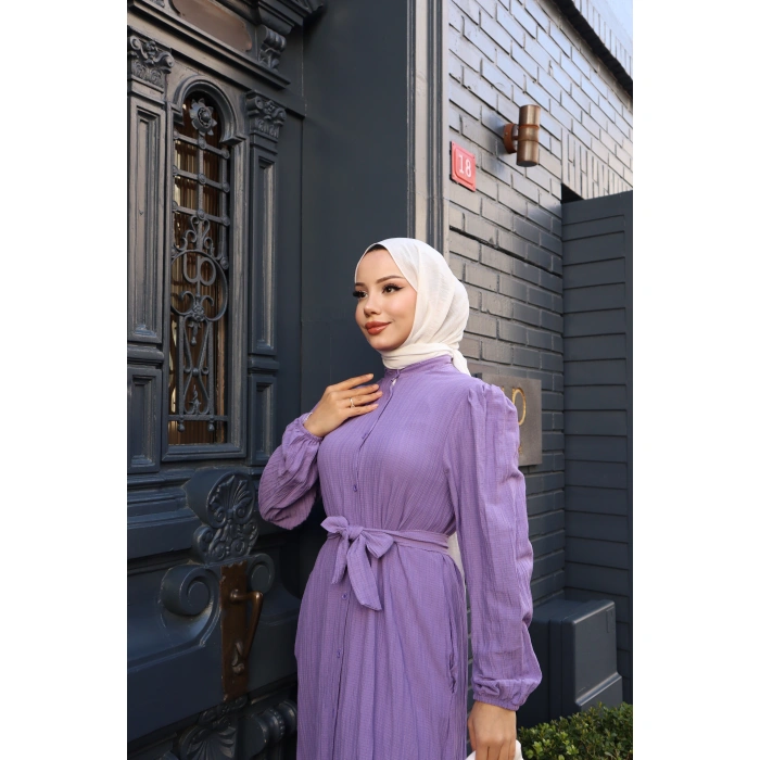 KADIN Lila Boydan Düğmeli Eteği Piliseli Kuşaklı Lara Keten Uzun Tesettür Elbise