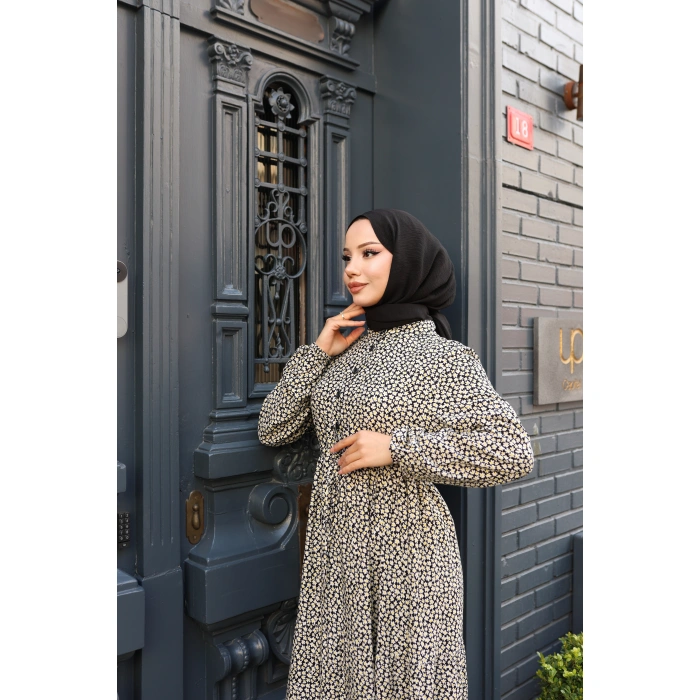 KADIN Siyah %100 Viskon Pamuklu Belden Bağlamalı Çiçek Desen Kat Kat Elbise sc5657