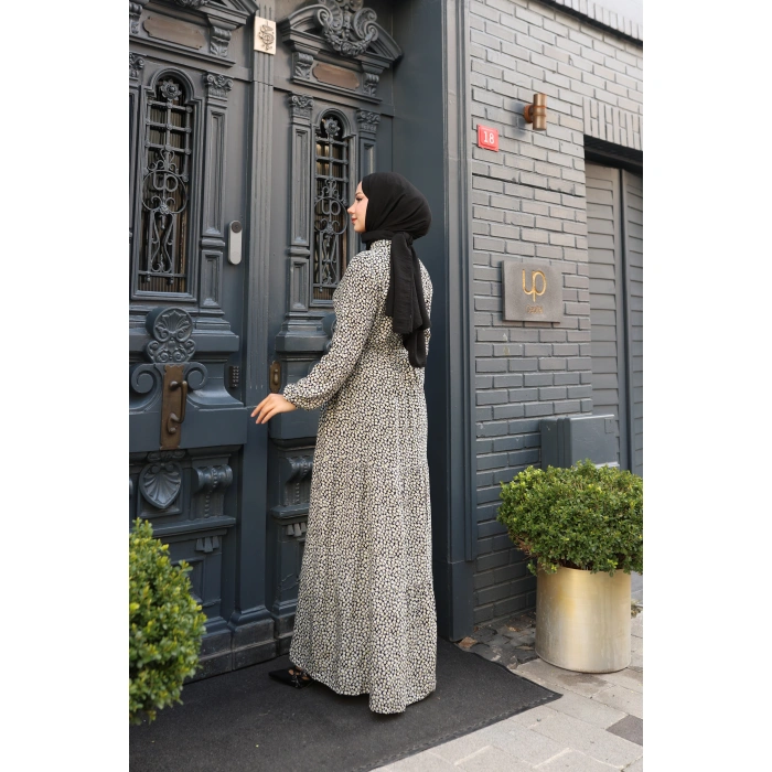 KADIN Siyah %100 Viskon Pamuklu Belden Bağlamalı Çiçek Desen Kat Kat Elbise sc5657