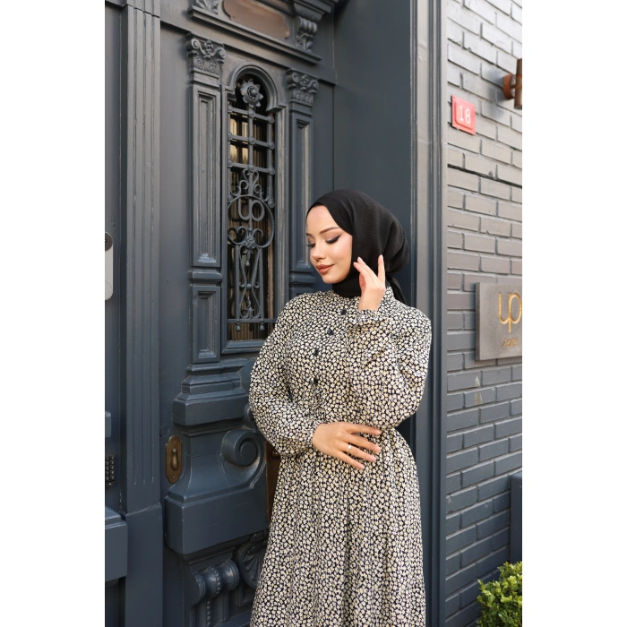 KADIN Siyah %100 Viskon Pamuklu Belden Bağlamalı Çiçek Desen Kat Kat Elbise sc5657