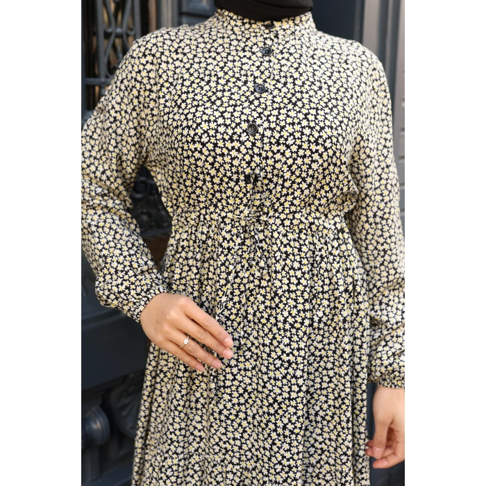 KADIN Siyah %100 Viskon Pamuklu Belden Bağlamalı Çiçek Desen Kat Kat Elbise sc5657