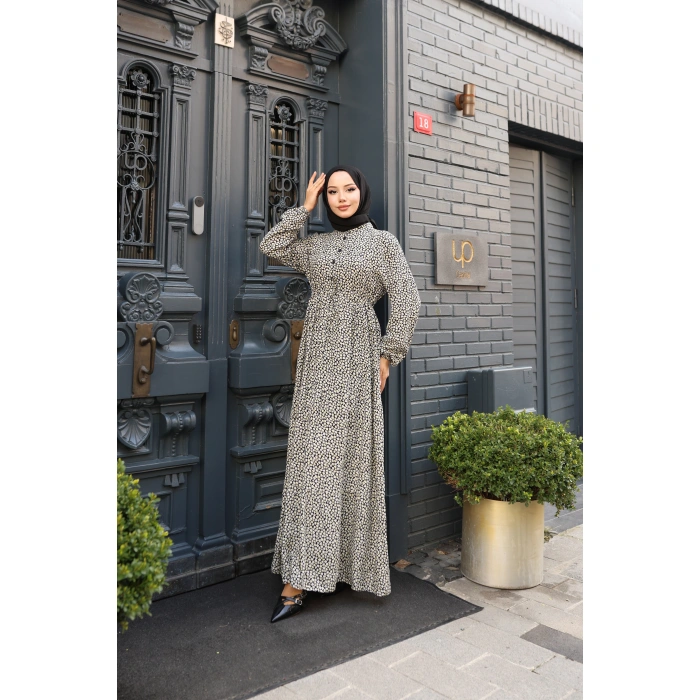 KADIN Siyah %100 Viskon Pamuklu Belden Bağlamalı Çiçek Desen Kat Kat Elbise sc5657