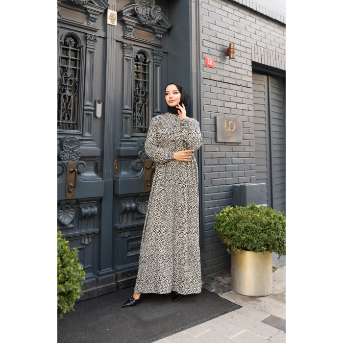 KADIN Siyah %100 Viskon Pamuklu Belden Bağlamalı Çiçek Desen Kat Kat Elbise sc5657