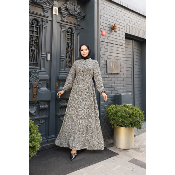 KADIN Siyah %100 Viskon Pamuklu Belden Bağlamalı Çiçek Desen Kat Kat Elbise sc5657