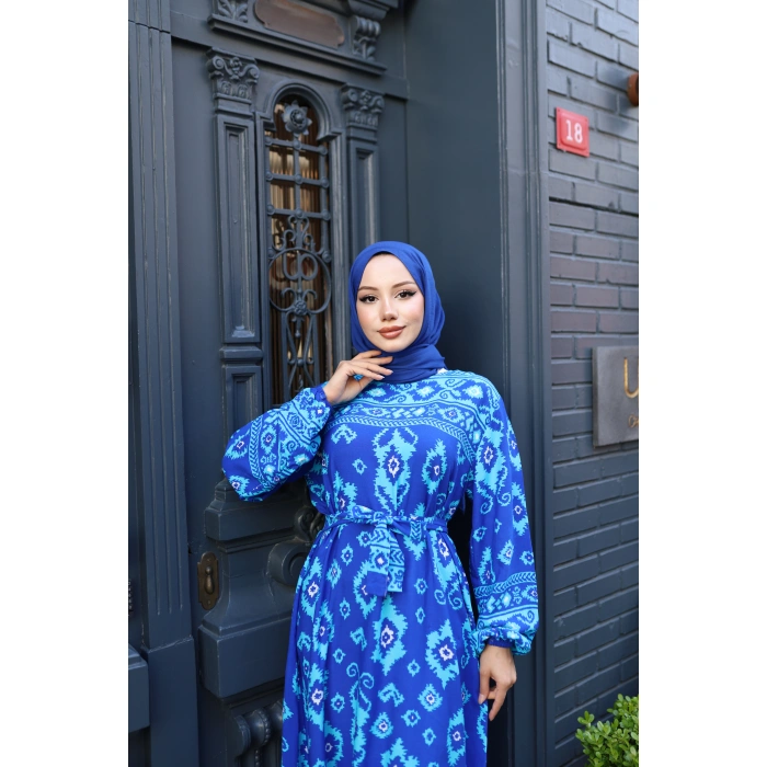 KADIN Mavi %100 Viskon Pamuklu Belden Kuşaklı-Etnik Desen Bol Kesim Tesettür Elbise E479