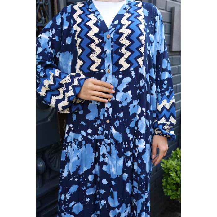 Kadın Mavi %100 Viskon Pamuklu V Yaka Alaçatı Model Kat Kat Elbise V897