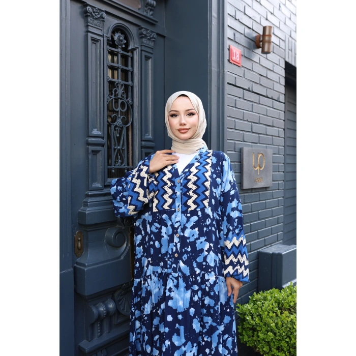 Kadın Mavi %100 Viskon Pamuklu V Yaka Alaçatı Model Kat Kat Elbise V897