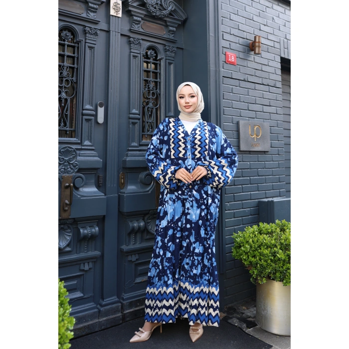 Kadın Mavi %100 Viskon Pamuklu V Yaka Alaçatı Model Kat Kat Elbise V897