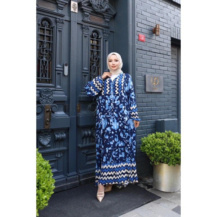 Kadın Mavi %100 Viskon Pamuklu V Yaka Alaçatı Model Kat Kat Elbise V897