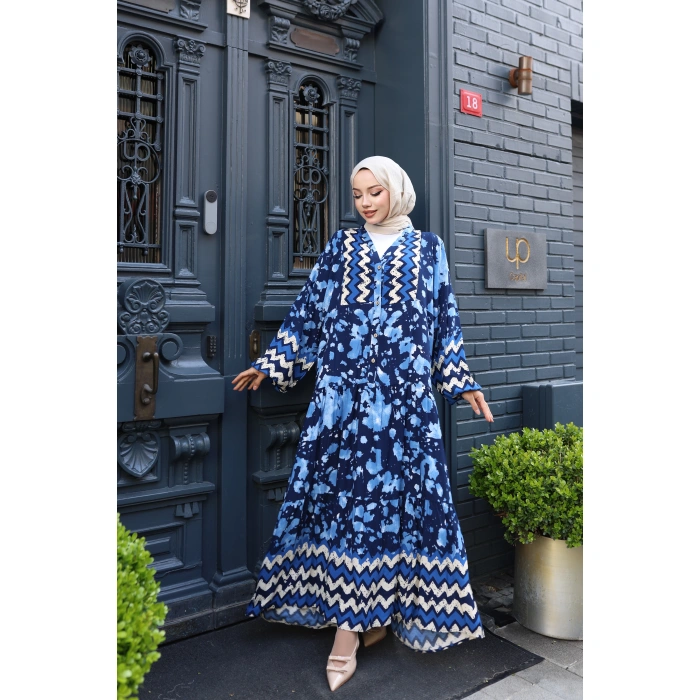 Kadın Mavi %100 Viskon Pamuklu V Yaka Alaçatı Model Kat Kat Elbise V897