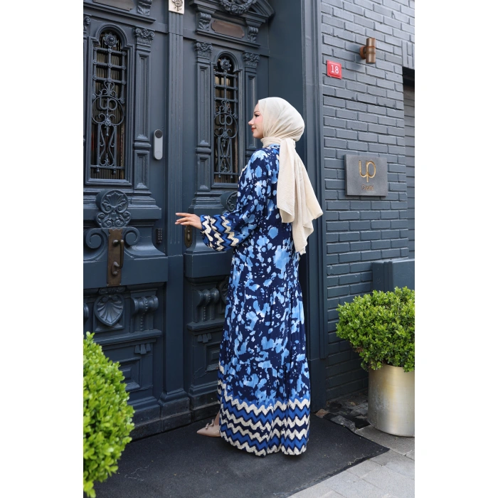 Kadın Mavi %100 Viskon Pamuklu V Yaka Alaçatı Model Kat Kat Elbise V897