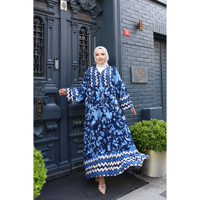 Kadın Mavi %100 Viskon Pamuklu V Yaka Alaçatı Model Kat Kat Elbise V897