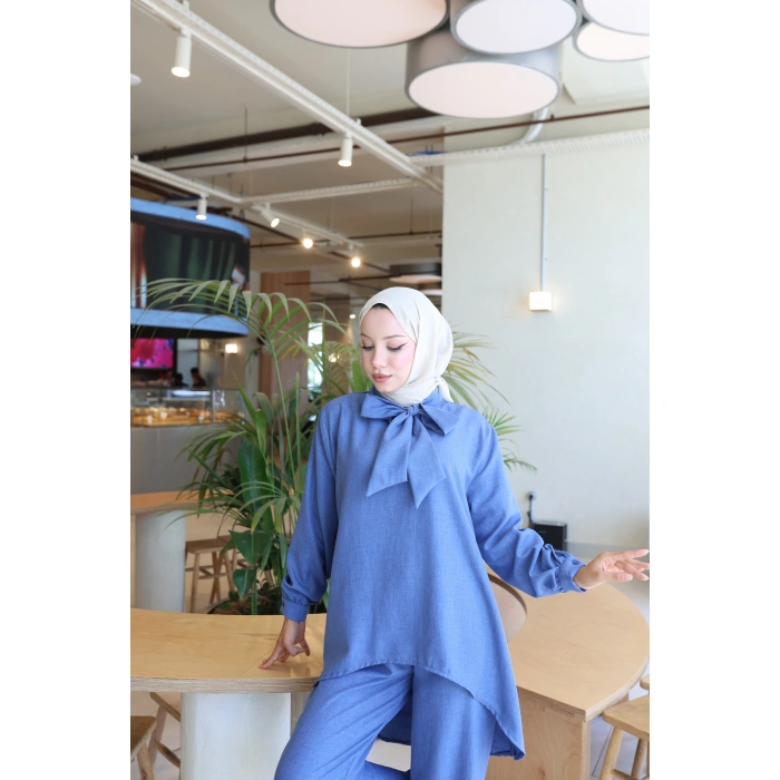 KADIN MAVİ FİYONKLU SOFYA KETEN İKİLİ TAKIM