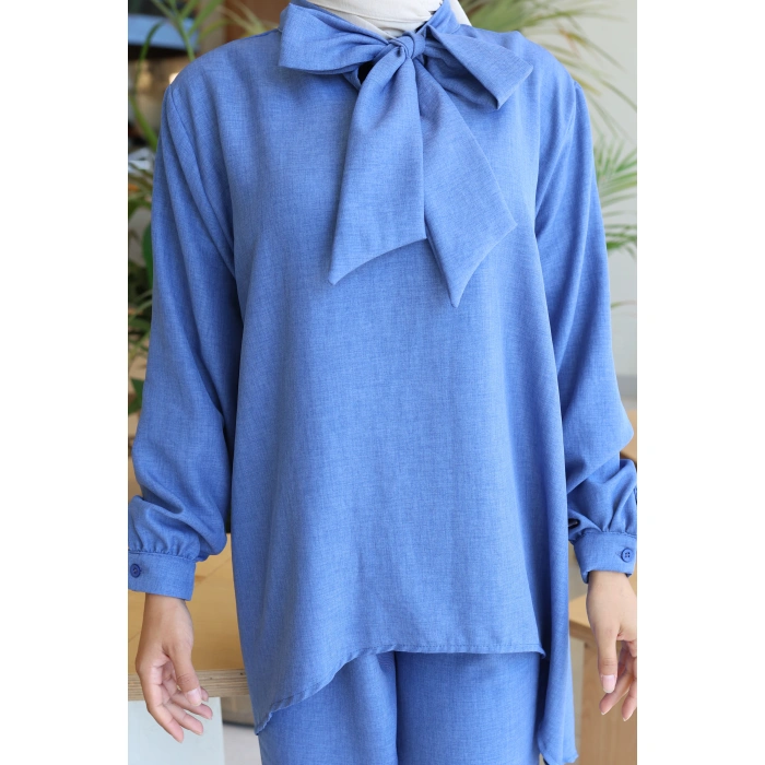 KADIN MAVİ FİYONKLU SOFYA KETEN İKİLİ TAKIM