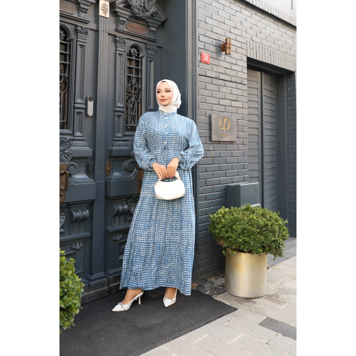 KADIN Mavi Viskon % 100 Pamuklu Belden Bağcıklı Önü Düğmeli Çıtır Kat Kat Tesettür Elbise vs6266