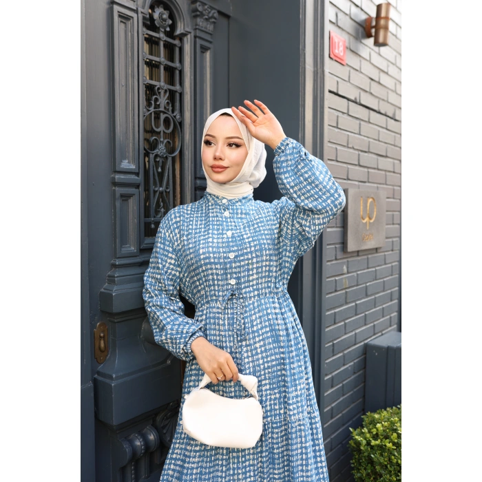 KADIN Mavi Viskon % 100 Pamuklu Belden Bağcıklı Önü Düğmeli Çıtır Kat Kat Tesettür Elbise vs6266