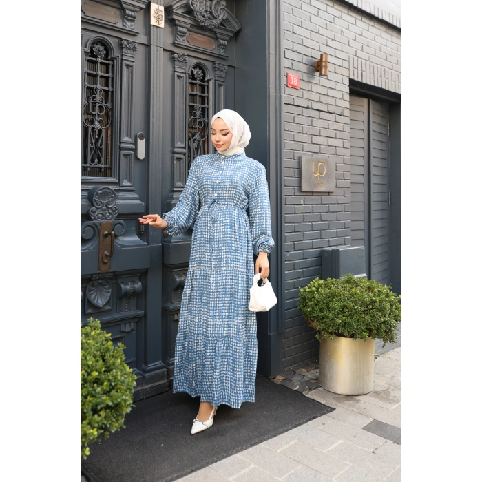 KADIN Mavi Viskon % 100 Pamuklu Belden Bağcıklı Önü Düğmeli Çıtır Kat Kat Tesettür Elbise vs6266