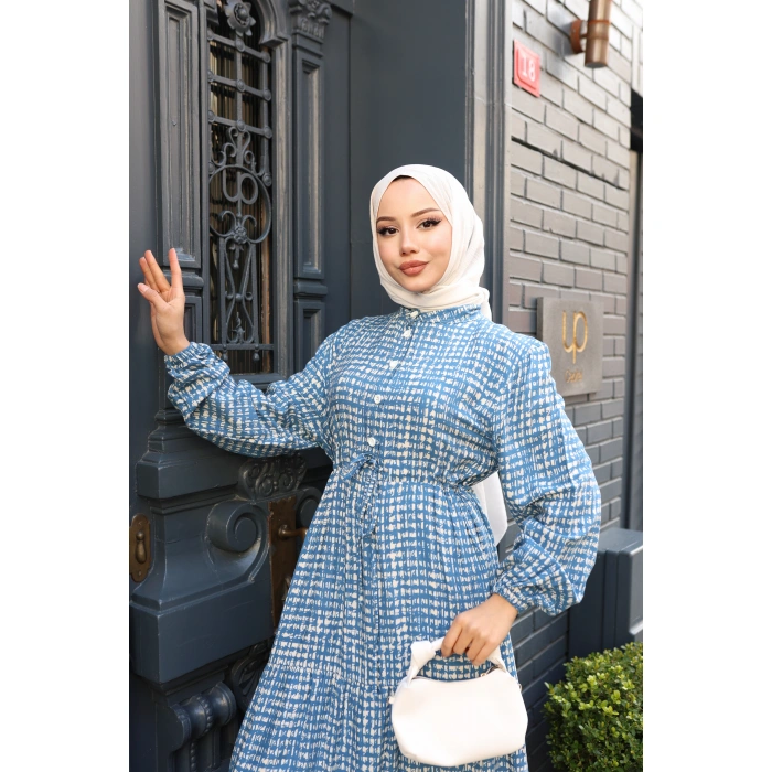 KADIN Mavi Viskon % 100 Pamuklu Belden Bağcıklı Önü Düğmeli Çıtır Kat Kat Tesettür Elbise vs6266