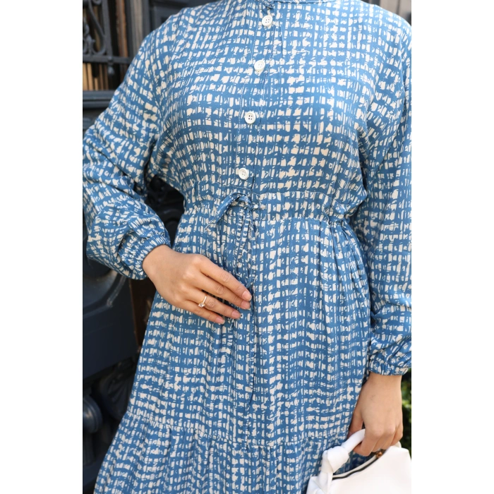 KADIN Mavi Viskon % 100 Pamuklu Belden Bağcıklı Önü Düğmeli Çıtır Kat Kat Tesettür Elbise vs6266