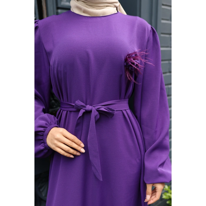 KADIN Mor Aerobik Yaka Çiçek Detaylı- Belden Bağlamalı Şık Tesettür Elbise 0306