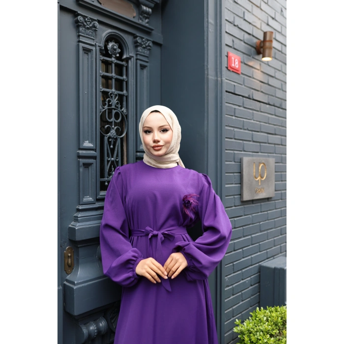 KADIN Mor Aerobik Yaka Çiçek Detaylı- Belden Bağlamalı Şık Tesettür Elbise 0306