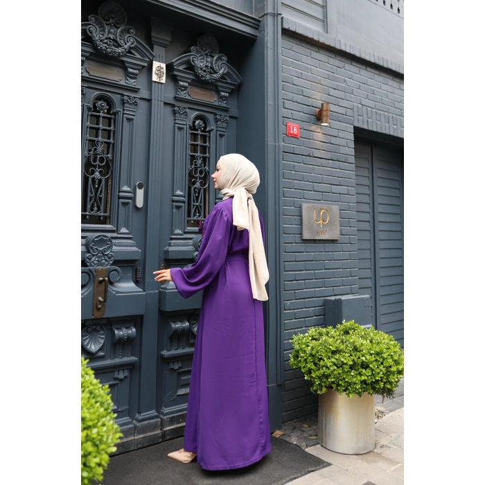 KADIN Mor Aerobik Yaka Çiçek Detaylı- Belden Bağlamalı Şık Tesettür Elbise 0306