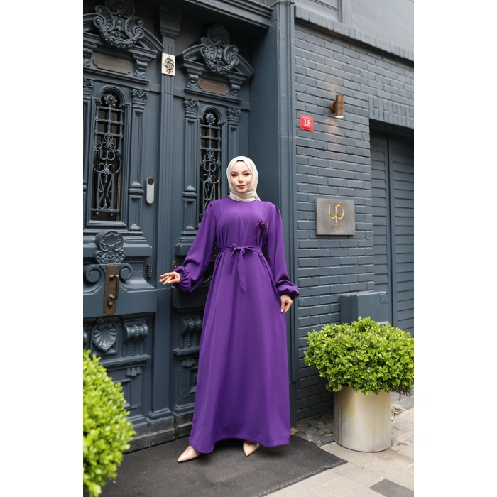 KADIN Mor Aerobik Yaka Çiçek Detaylı- Belden Bağlamalı Şık Tesettür Elbise 0306