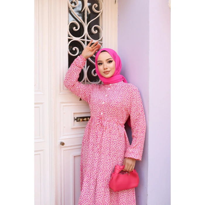 KADIN Pembe %100 Viskon Pamuklu Belden Bağlamalı Çiçek Desen Kat Kat Elbise sc5658