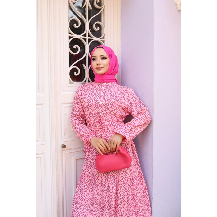 KADIN Pembe %100 Viskon Pamuklu Belden Bağlamalı Çiçek Desen Kat Kat Elbise sc5658