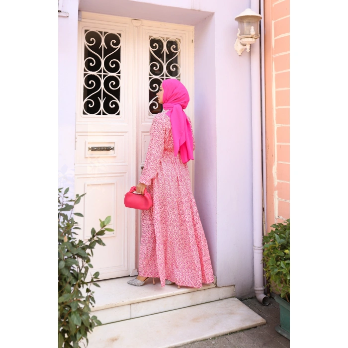 KADIN Pembe %100 Viskon Pamuklu Belden Bağlamalı Çiçek Desen Kat Kat Elbise sc5658