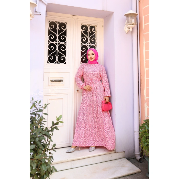 KADIN Pembe %100 Viskon Pamuklu Belden Bağlamalı Çiçek Desen Kat Kat Elbise sc5658