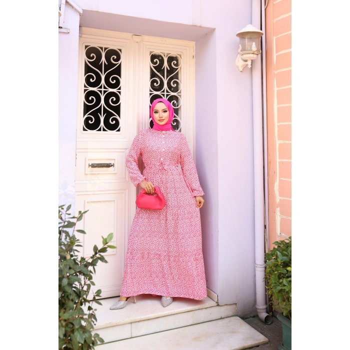 KADIN Pembe %100 Viskon Pamuklu Belden Bağlamalı Çiçek Desen Kat Kat Elbise sc5658