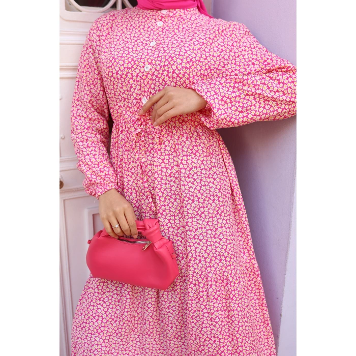 KADIN Pembe %100 Viskon Pamuklu Belden Bağlamalı Çiçek Desen Kat Kat Elbise sc5658