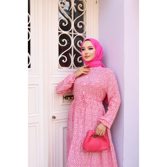 KADIN Pembe %100 Viskon Pamuklu Belden Bağlamalı Çiçek Desen Kat Kat Elbise sc5658