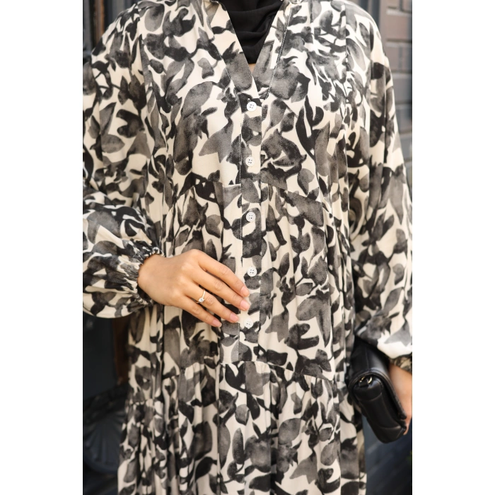 KADIN Siyah %100 Viskon Alaçatı Model Ön Düğmeli Kat Kat Etekli Maxi Boy Elbise vm3126