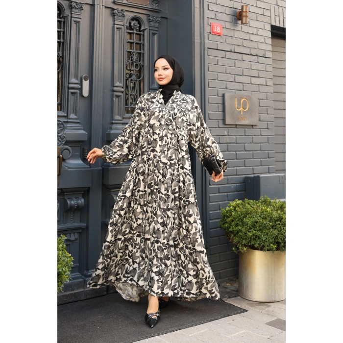 KADIN Siyah %100 Viskon Alaçatı Model Ön Düğmeli Kat Kat Etekli Maxi Boy Elbise vm3126