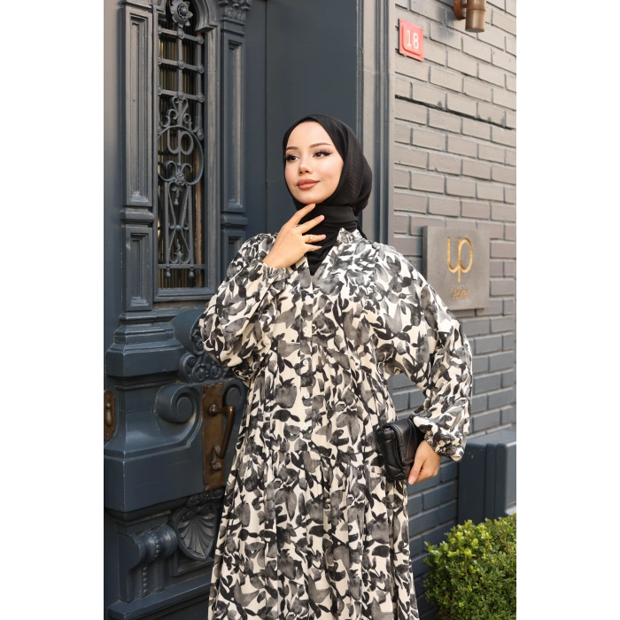 KADIN Siyah %100 Viskon Alaçatı Model Ön Düğmeli Kat Kat Etekli Maxi Boy Elbise vm3126