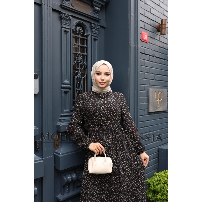 KADIN Siyah %100 Viskon Pamuklu Belden Bağlamalı Çiçek Desen Kat Kat Elbise V9539