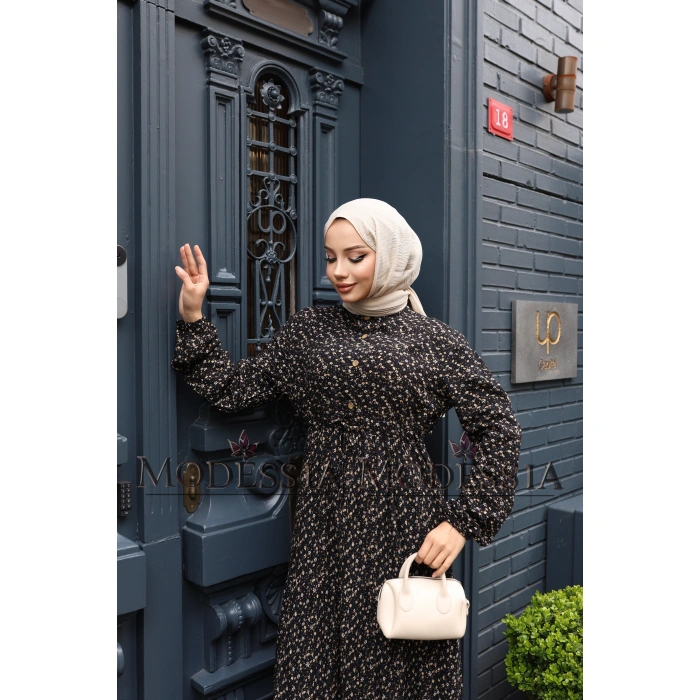 KADIN Siyah %100 Viskon Pamuklu Belden Bağlamalı Çiçek Desen Kat Kat Elbise V9539