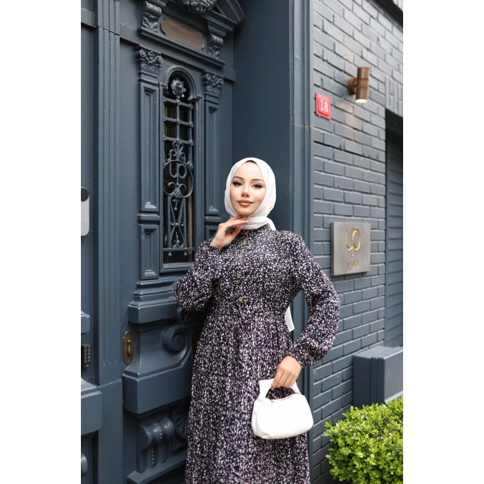 KADIN Siyah %100 Viskon Pamuklu Belden Bağlamalı Gül Desen-Kat Kat Tesettür Elbise Gd124