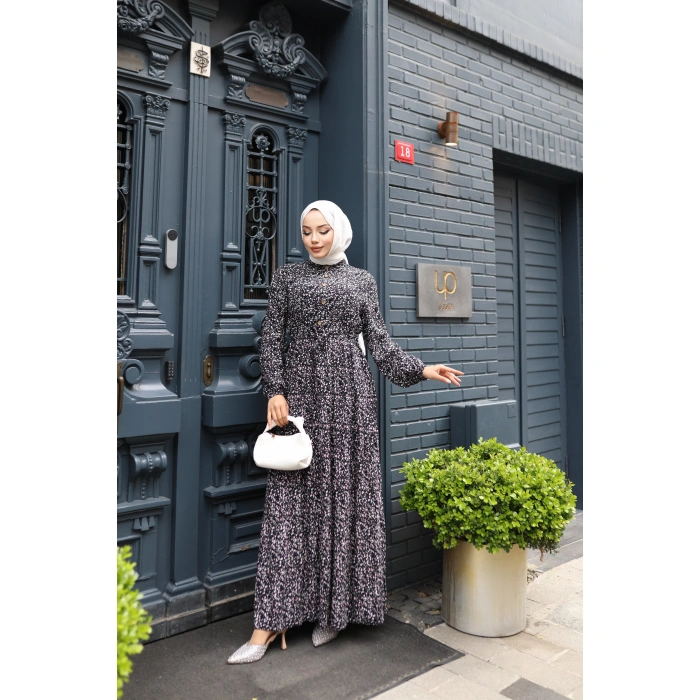 KADIN Siyah %100 Viskon Pamuklu Belden Bağlamalı Gül Desen-Kat Kat Tesettür Elbise Gd124