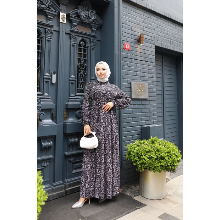 KADIN Siyah %100 Viskon Pamuklu Belden Bağlamalı Gül Desen-Kat Kat Tesettür Elbise Gd124